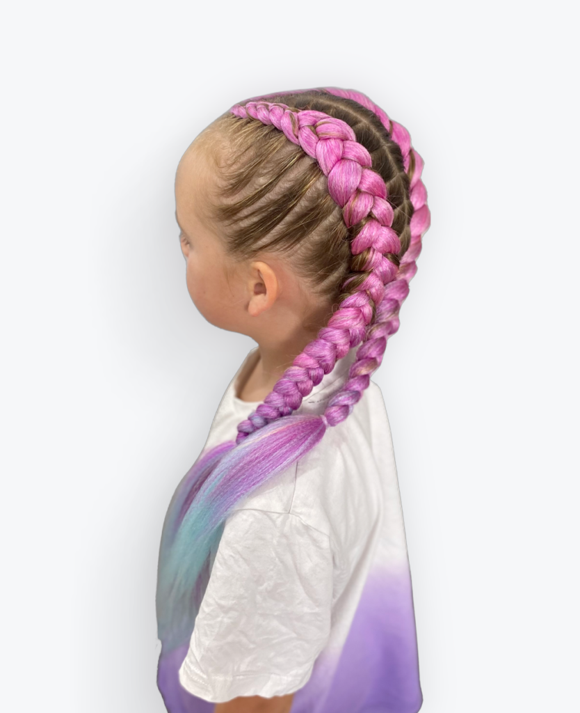 Bundaberg braids with extension hair added. Girl with pink braid